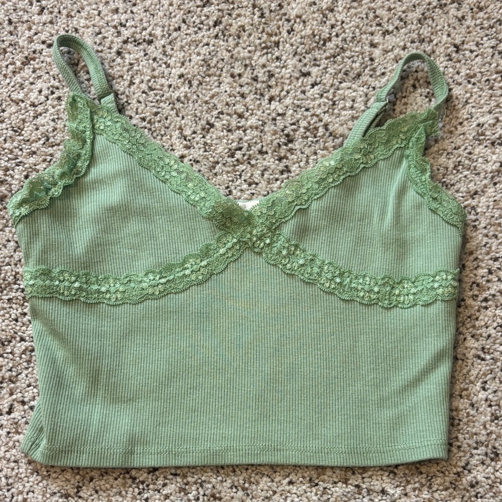 Barely Worn American Eagle Outfitters Green Lace Trim Crop Top